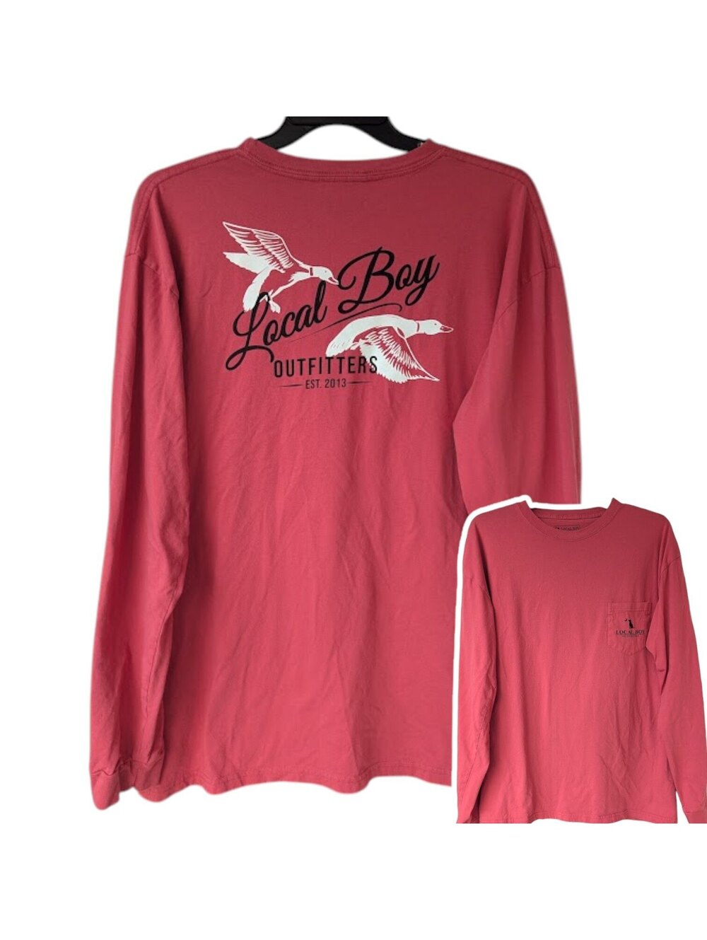 Local Boy Outfitters Long Sleeve T-Shirt 2XL Red Coral Ducks Pocket Tee 26x30.5